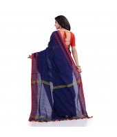 Women`s Traditional Bengali Tant Handloom Cotton Saree Loveria Design With Blouse Piece(Deep Blue)